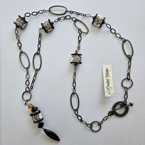 vintage long Lampwork Beads Statement Necklace twisted rope Antiqued blacksilver